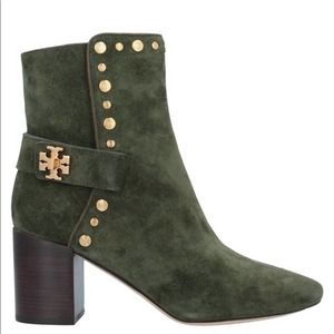 Tory Burch Kira Olive Green Suede Gold Stud Logo Ankle Bootie